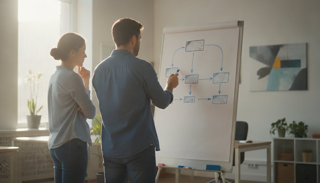 Twee software-engineers bespreken een schema met pijlen op een whiteboard