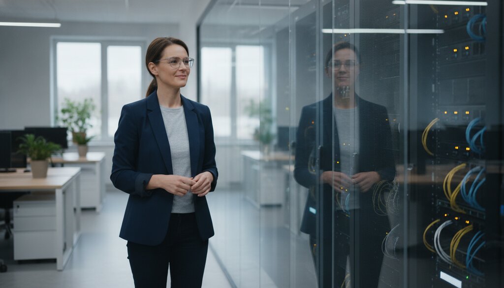 Beveiligingsonderzoeker bekijkt serverracks door een glazen wand