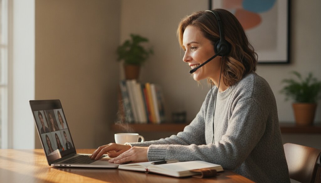 Medewerker met headset neemt thuis deel aan een videovergadering