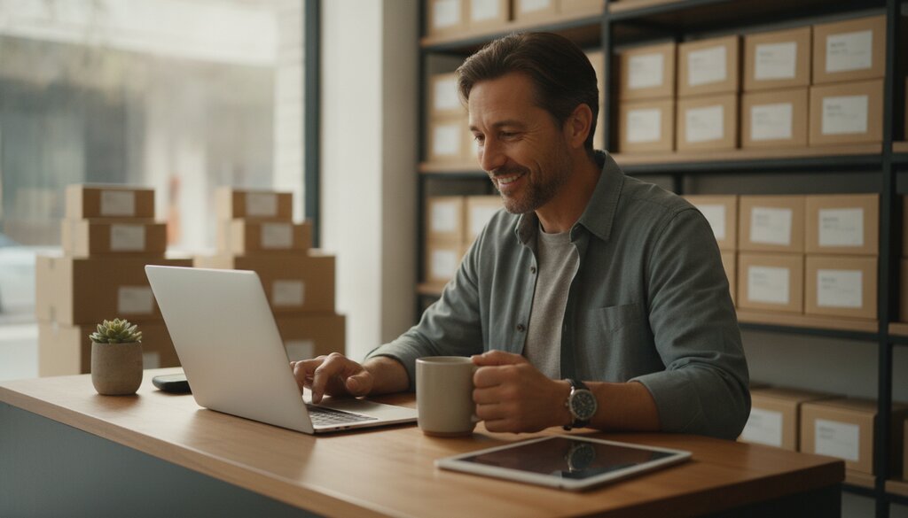 Winkeleigenaar bekijkt bestellingen op een laptop in een magazijn met dozen