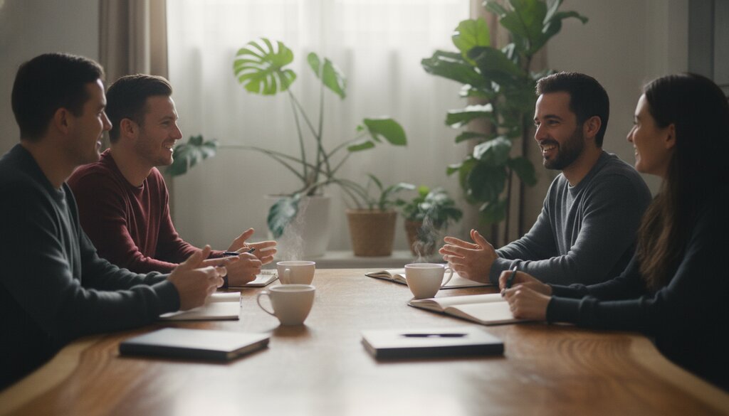Team overlegt aan een houten vergadertafel met koffie en notitieboeken