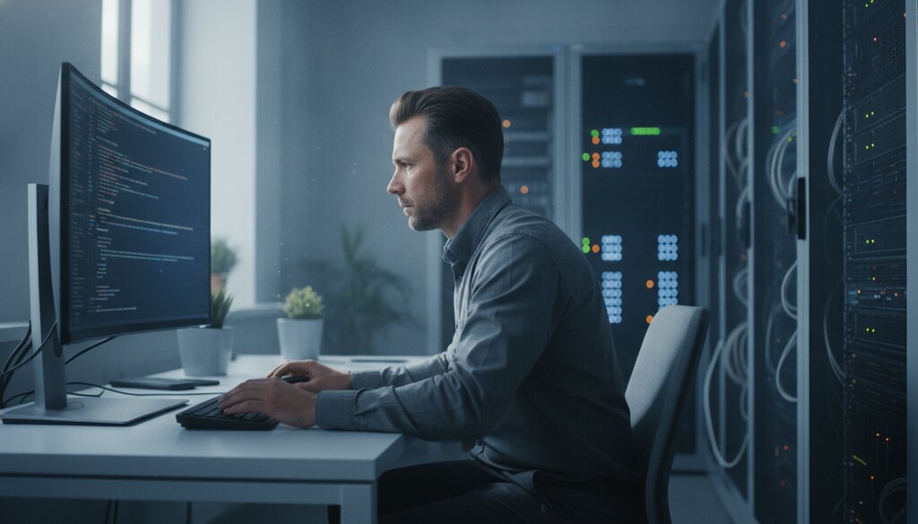 IT-medewerker van een gemeente bekijkt code naast serverkasten