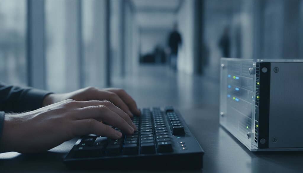 Handen op een toetsenbord naast een serverrack met knipperende statuslampjes