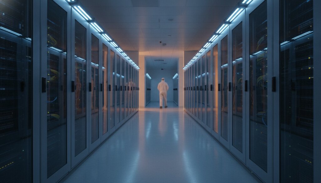 Technicus loopt tussen serverracks in een datacenter
