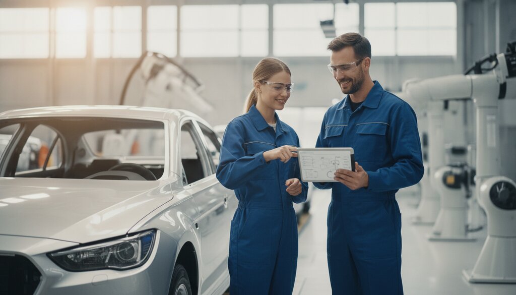 Twee productiemedewerkers bekijken een tablet naast een auto aan de lopende band