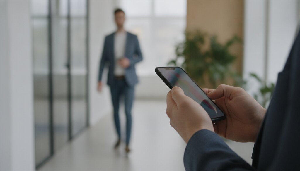 Handen houden een smartphone vast in een kantoorgang, collega op de achtergrond