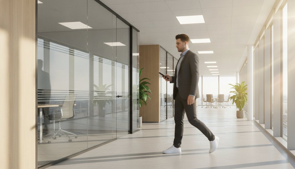 Man loopt met smartphone door een licht kantoor met glazen vergaderruimtes