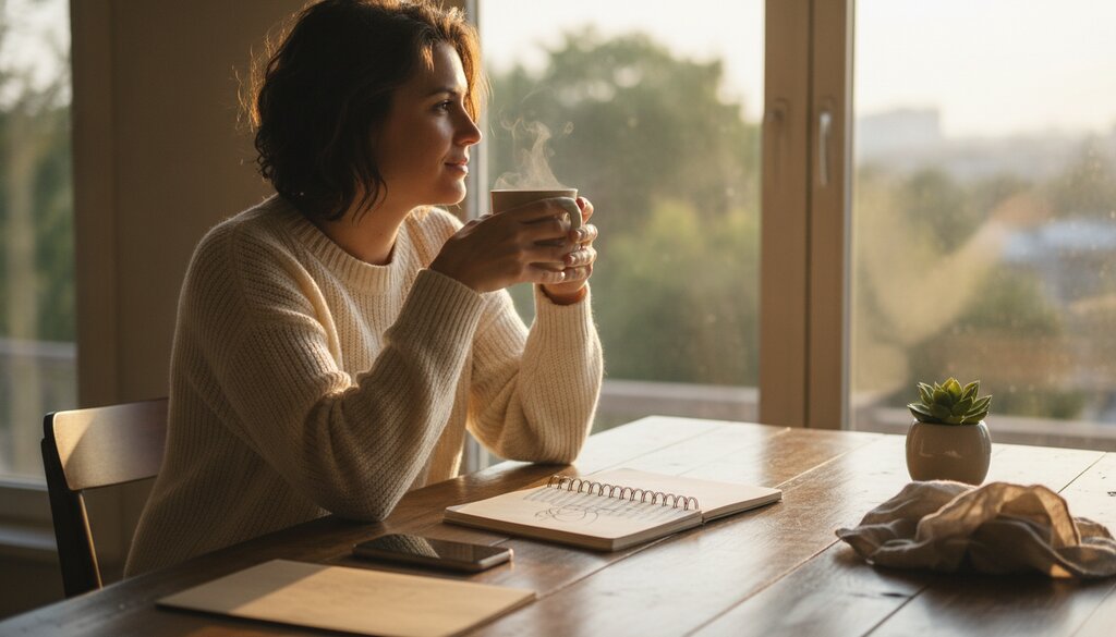 Persoon drinkt 's ochtends koffie aan de keukentafel met telefoon en planner