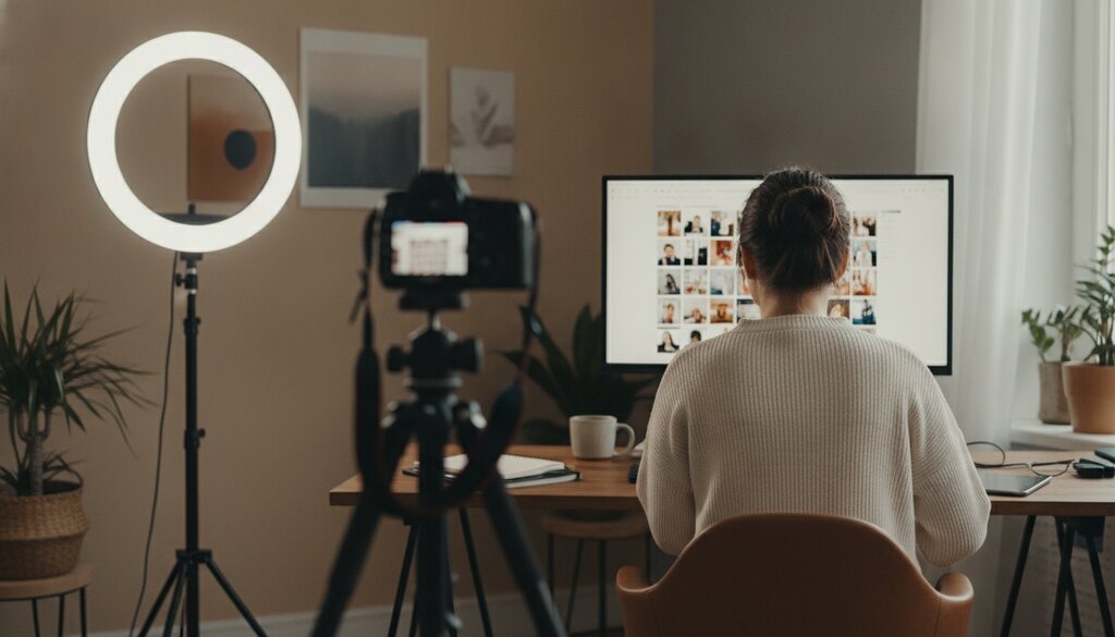 Contentmaker bekijkt werk op een beeldscherm in een kleine studio