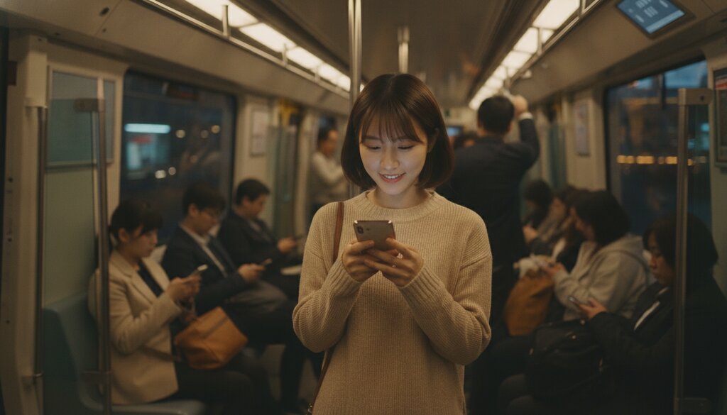 Reizigers in een moderne metro kijken op hun smartphone