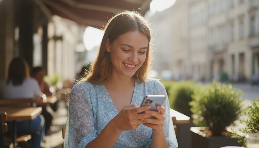 Vrouw gebruikt een AI-assistent op haar smartphone op een zonnig terras