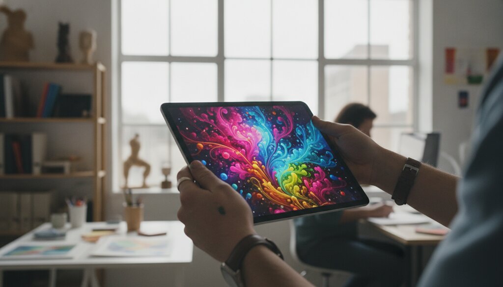 Handen houden een tablet vast met gegenereerde beeldkunst in een licht kantoor