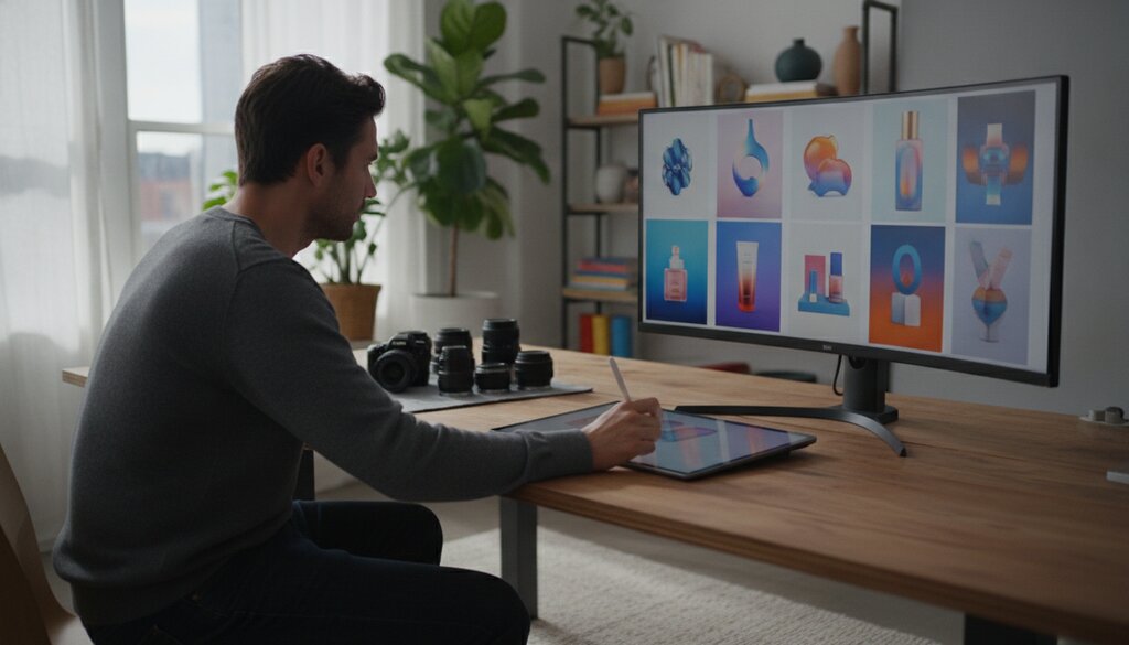 Fotograaf bekijkt bewerkte productfotos op een groot scherm in een creatieve studio