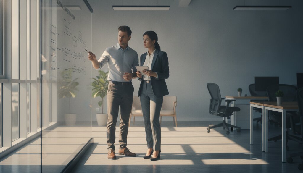 Twee collega's bespreken een migratieplan bij een whiteboard