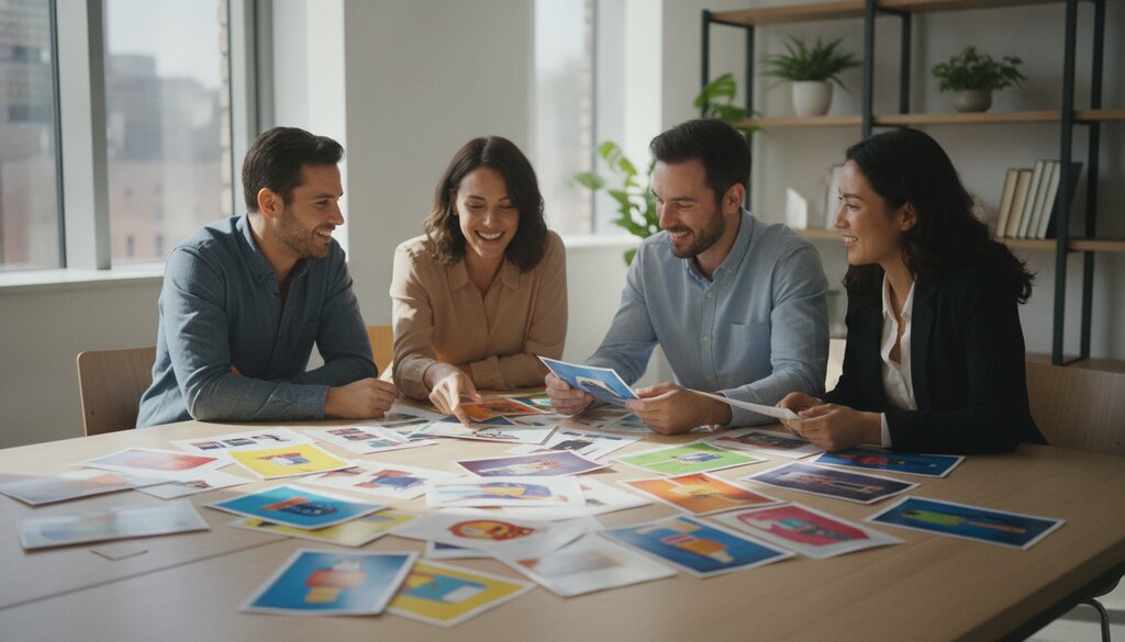 Marketingteam bekijkt productfoto's op een tafel in een licht kantoor