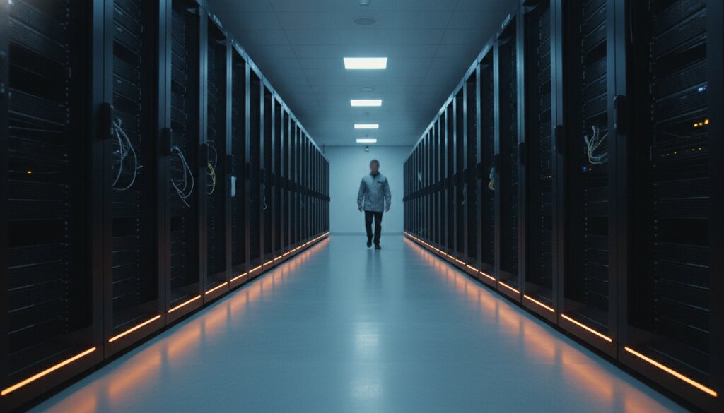 Gang tussen serverracks in een datacenter met een technicus in de verte