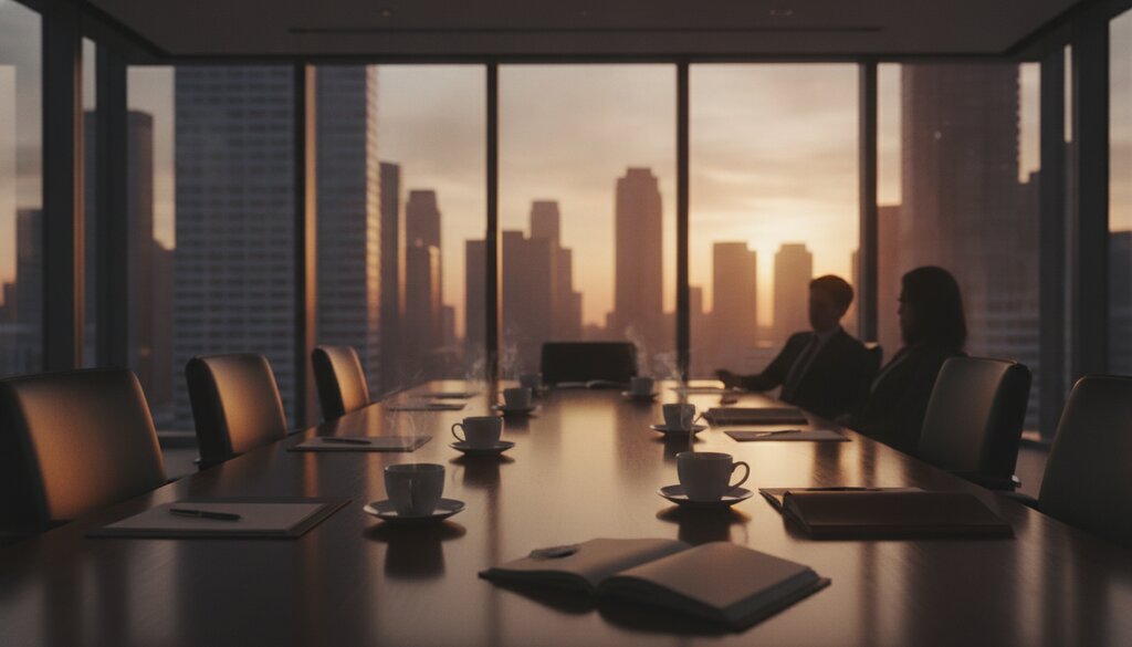 Lege vergaderzaal van een investeerder met uitzicht op de skyline bij zonsondergang