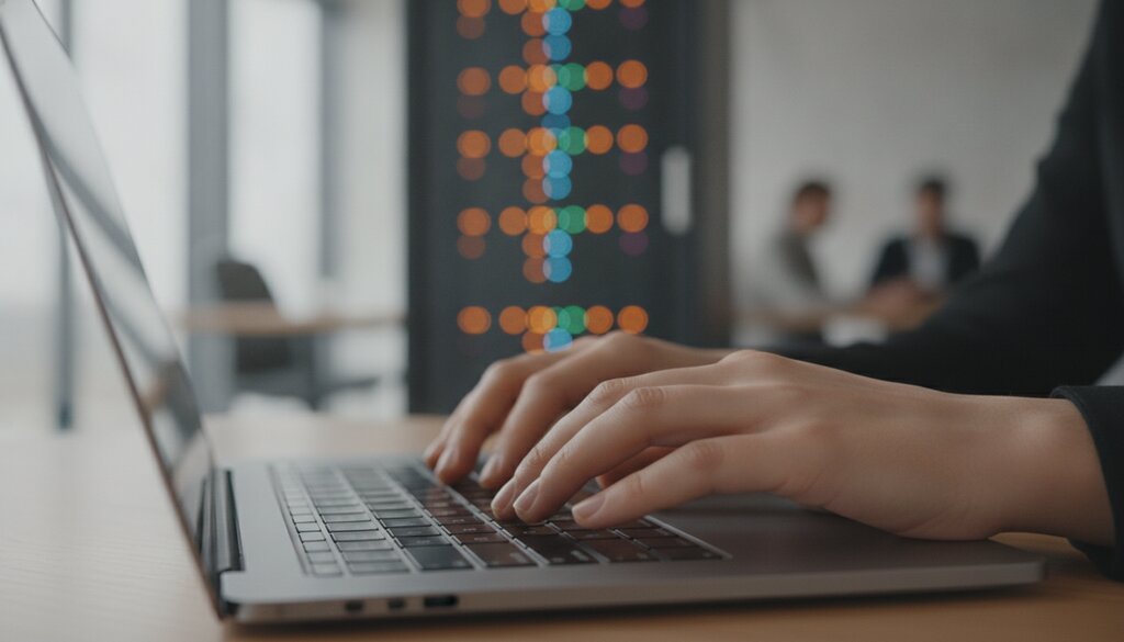 Handen typen op een laptop in een kantoor met wazige serverlichtjes op de achtergrond