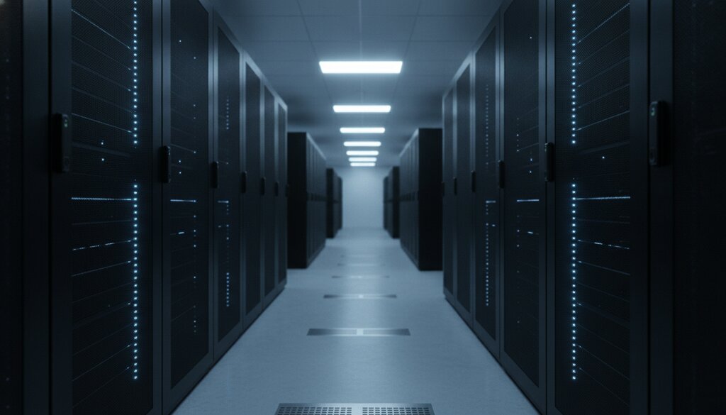 Gang met serverracks in een modern datacenter met blauwe belichting