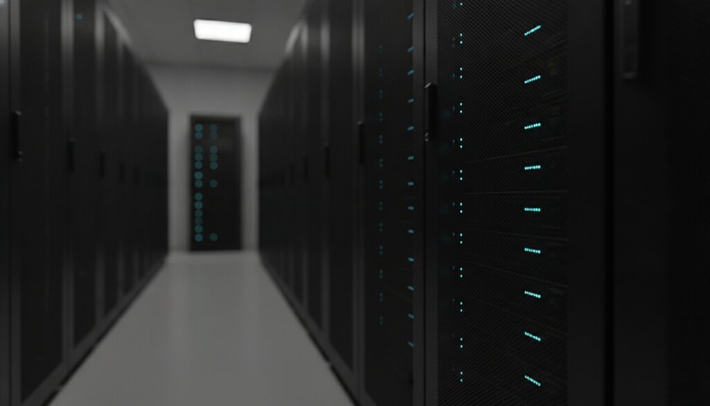 Lange gang in een datacenter met rijen donkere serverracks en blauwe indicatielampjes