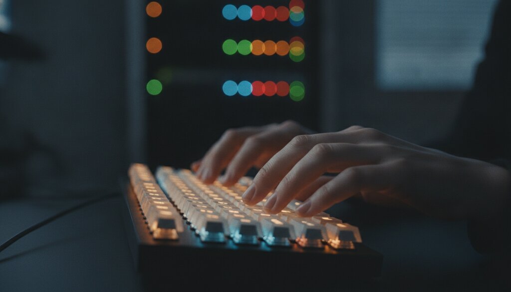 Handen typen op een toetsenbord bij een verlichte serverrack