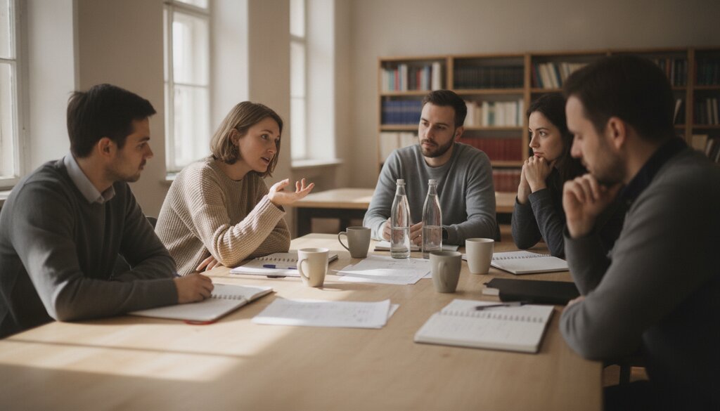 Onderzoekers in discussie rond een houten tafel in een seminarruimte