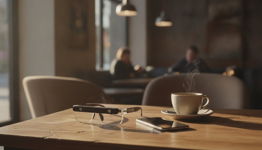 Slimme bril naast een smartphone op een cafetafel