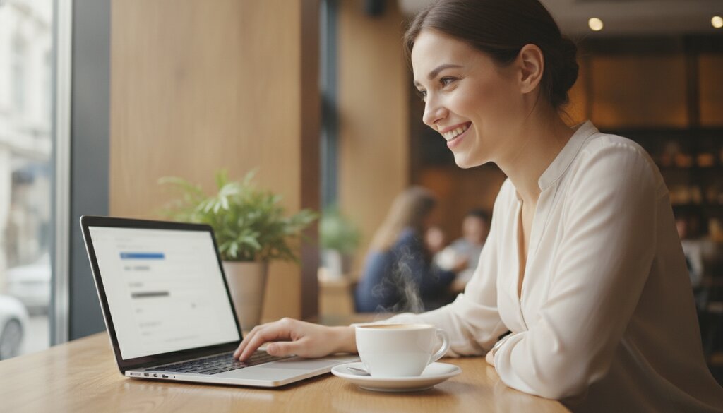 Vrouw vult in een café een online formulier in op haar laptop