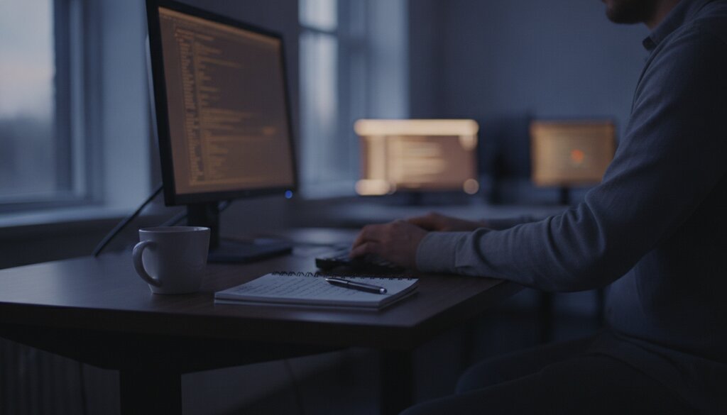 Ontwikkelaar aan een sta-bureau in een rustig kantoor bij avondlicht
