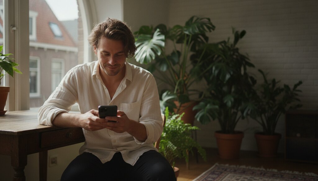 Iemand kijkt op een smartphone aan een bureau in een lichte woonkamer
