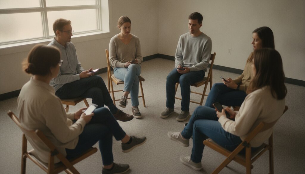 Groep mensen in een kring praat met elkaar in een zaaltje