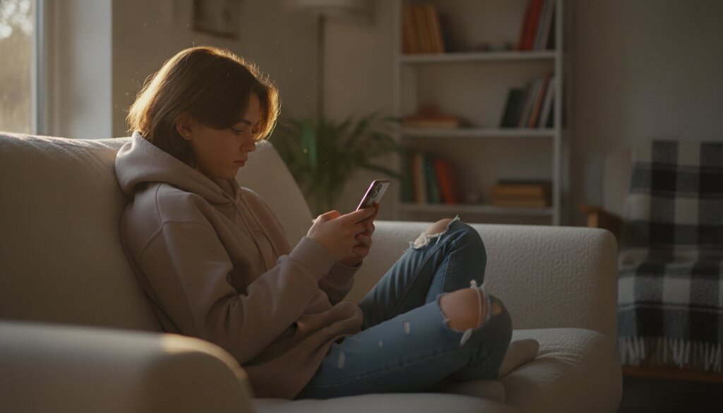 Tiener op een bank thuis met een smartphone in de hand