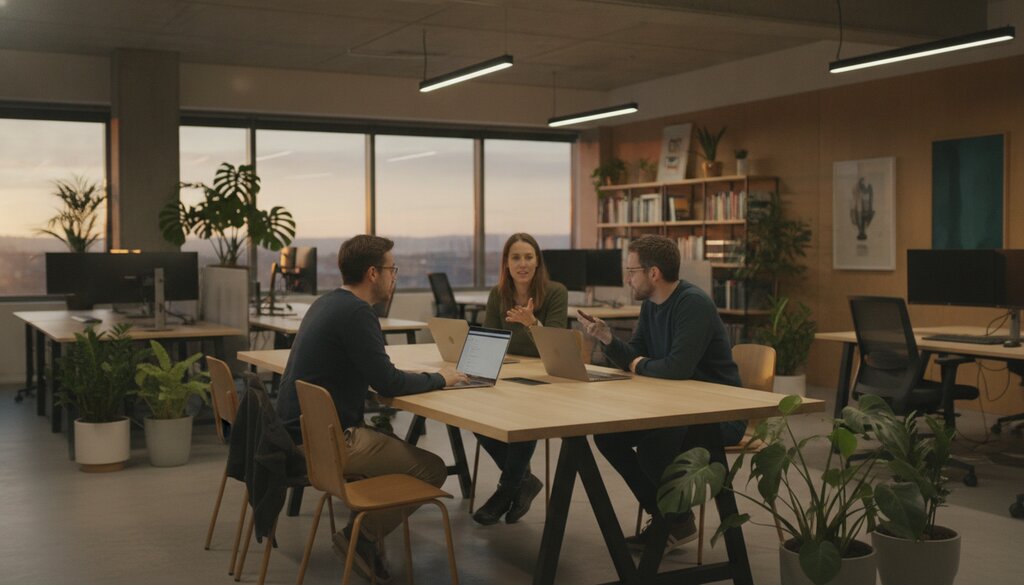 Drie medewerkers overleggen aan een tafel in een startupkantoor in de avond