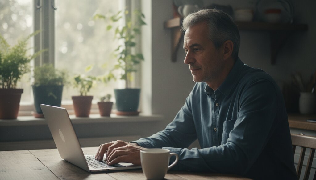 Man aan de keukentafel werkt met een laptop bij ochtendlicht, kopje koffie ernaast