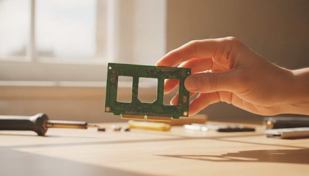 Hand houdt een printplaat met een AI-chip boven een werkbank