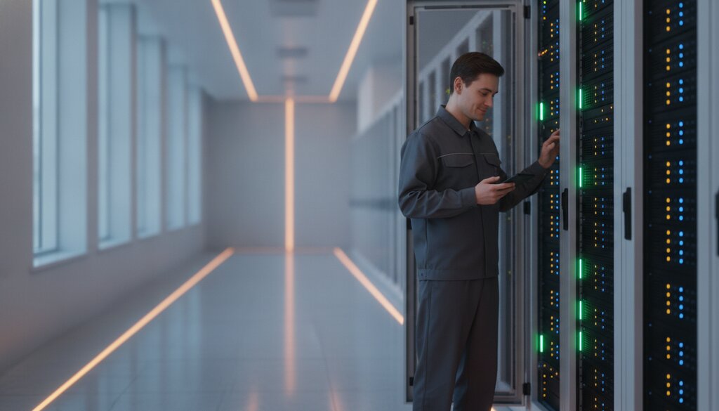 Technicus controleert een serverrack met AI-chips in een datacenter