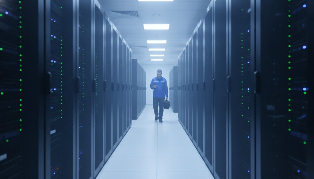 Technicus loopt tussen lange rijen serverracks in een datacenter