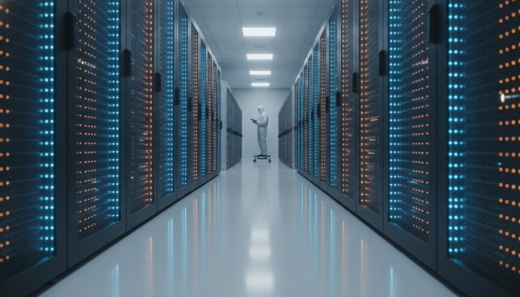Technicus tussen rijen verlichte serverkasten in een datacenter