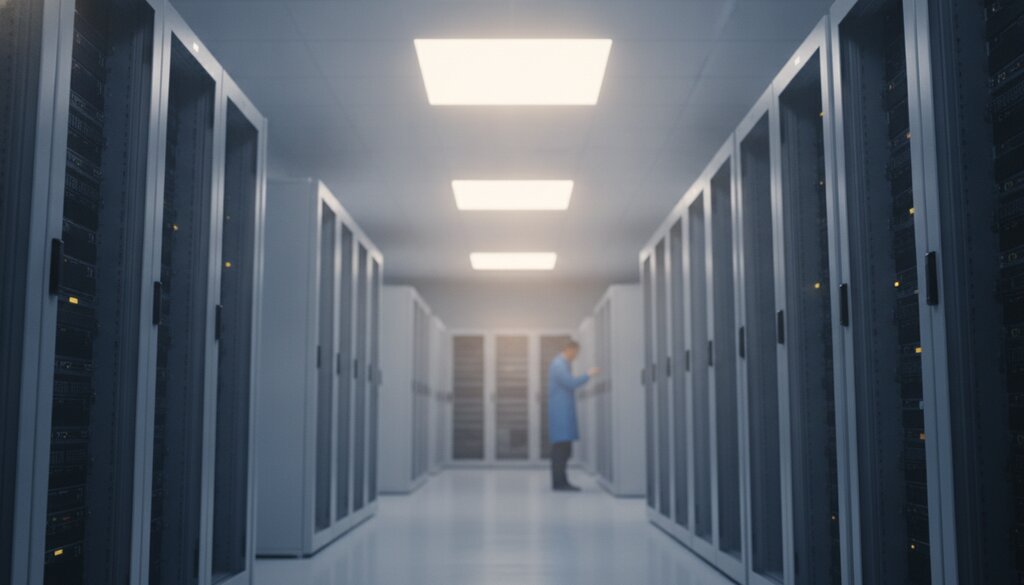 Rijen serverrekken in een datacenter met een technicus op de achtergrond