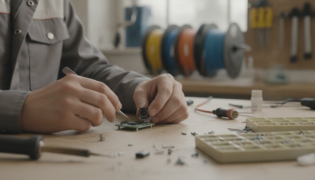 Ingenieur soldeert een kleine chip met cameramodule op een werkbank, naast spoelen glasvezelkabel