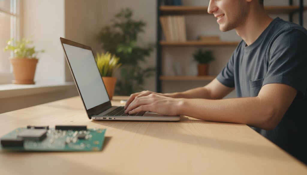 Ontwikkelaar werkt op een laptop naast een printplaat met een chip