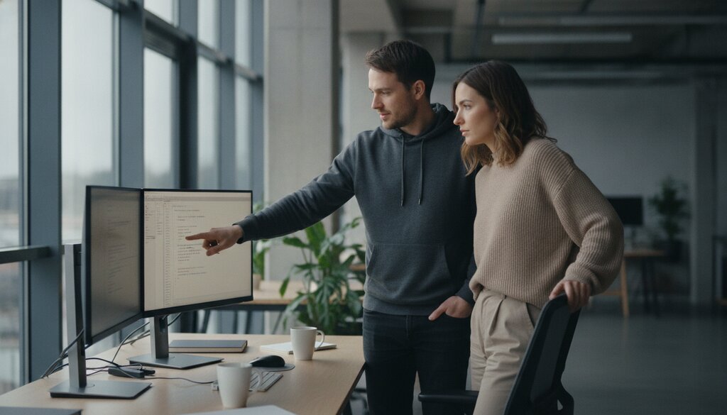 Twee software-ontwikkelaars overleggen achter beeldschermen op kantoor