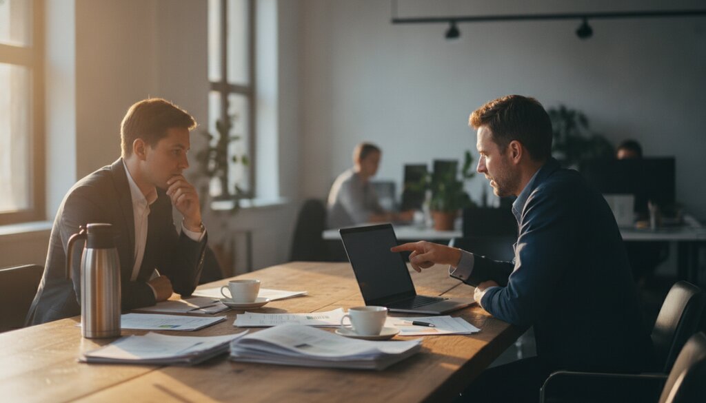 Twee mensen bespreken een contract aan een vergadertafel met laptop