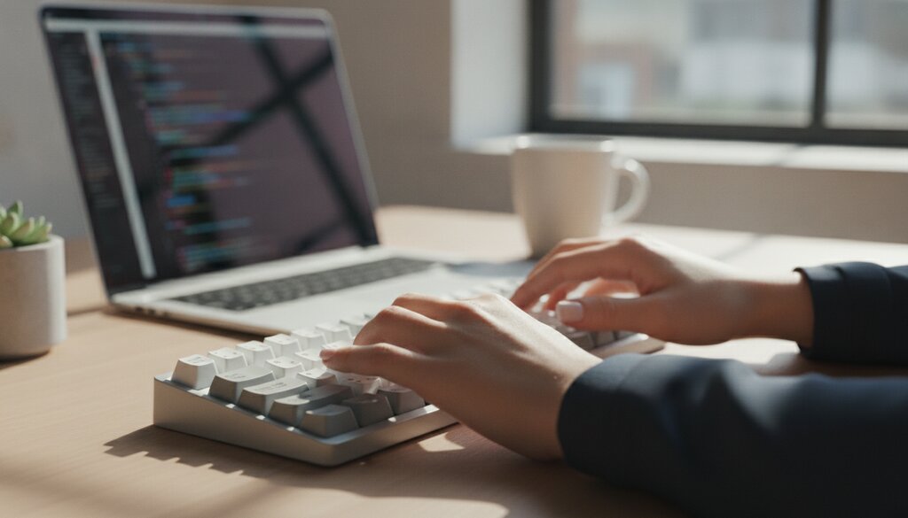 Handen typen op een mechanisch toetsenbord aan een bureau bij daglicht