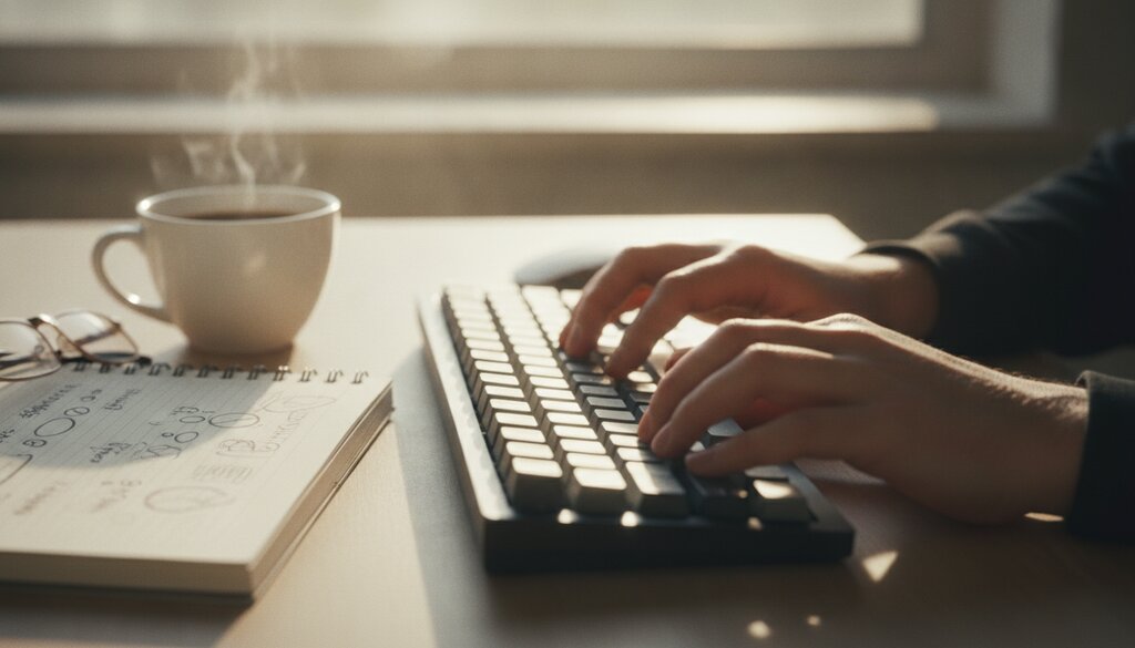 Ontwikkelaar typt op een toetsenbord naast een notitieboek en een kop koffie