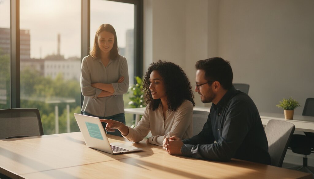 Drie softwareontwikkelaars overleggen aan een tafel rond een laptop