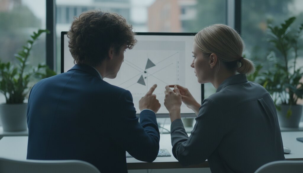 Twee collega's bekijken samen code op een monitor op kantoor