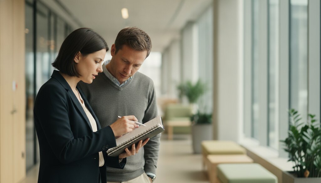 Twee collega's bespreken code in een kantoorgang met daglicht