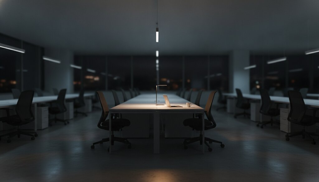Leeg kantoor bij nacht met een bureaulamp boven een dichtgeklapte laptop
