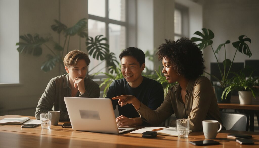 Drie ontwikkelaars bespreken samen werk op een laptop